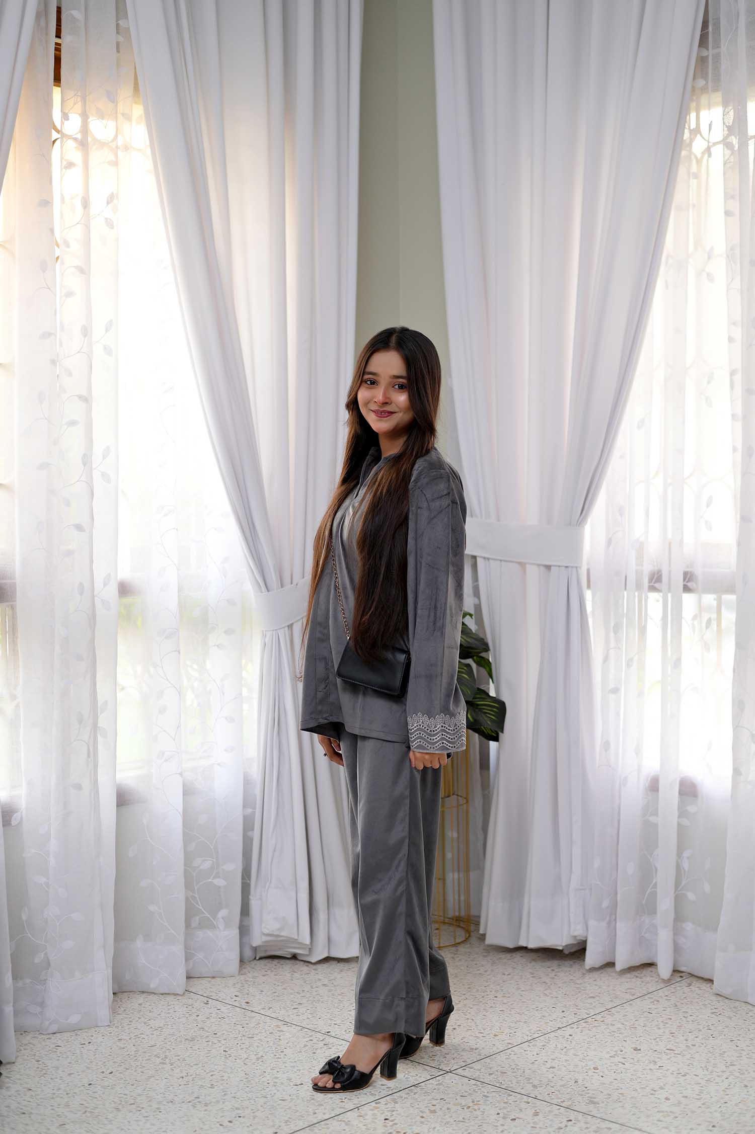 Cool Gray Moon Kurta with Collar Velvet Top & Fusion Trouser Set