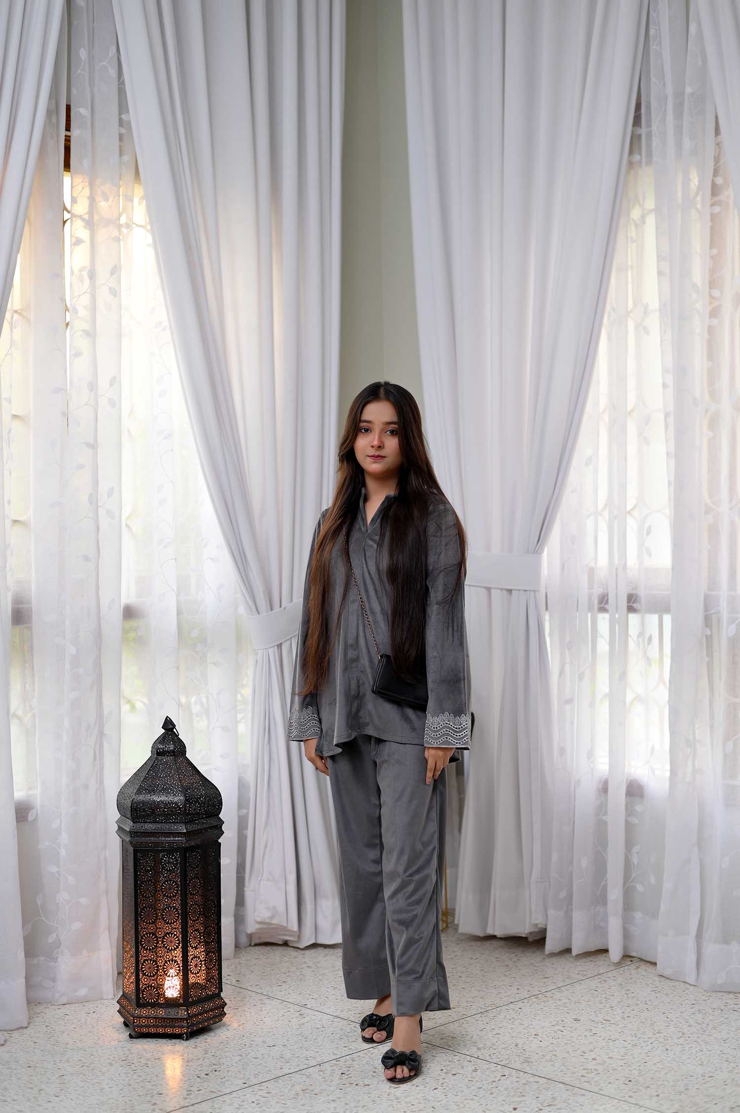 Cool Gray Moon Kurta with Collar Velvet Top & Fusion Trouser Set