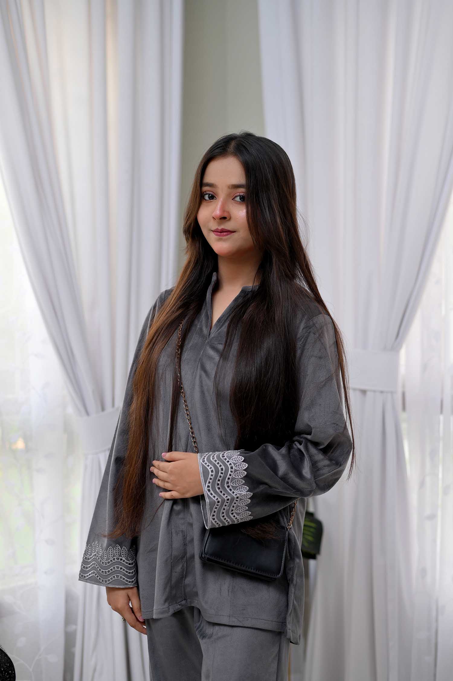 Cool Gray Moon Kurta with Collar Velvet Top & Fusion Trouser Set