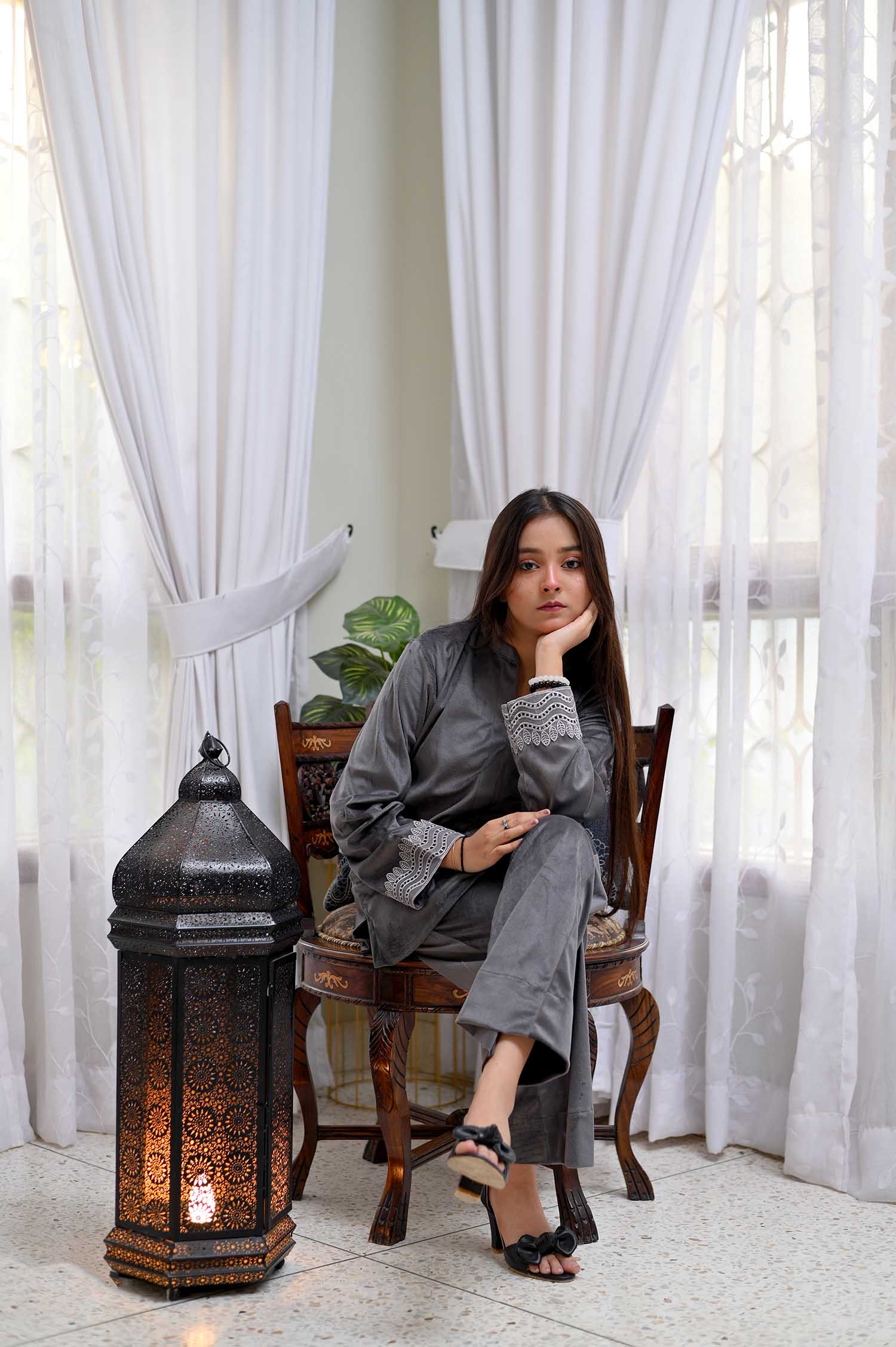 Cool Gray Moon Kurta with Collar Velvet Top & Fusion Trouser Set