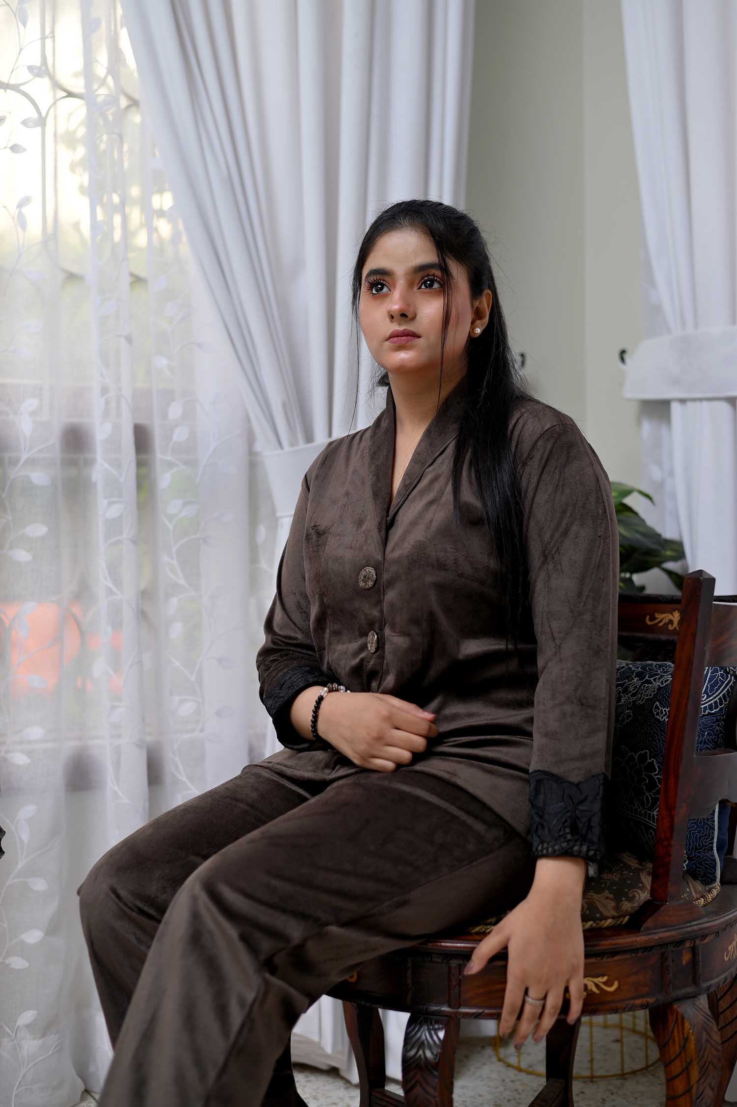 Brown Velvet Co-ord Set with Fusion of Straight & Bootcut Trousers