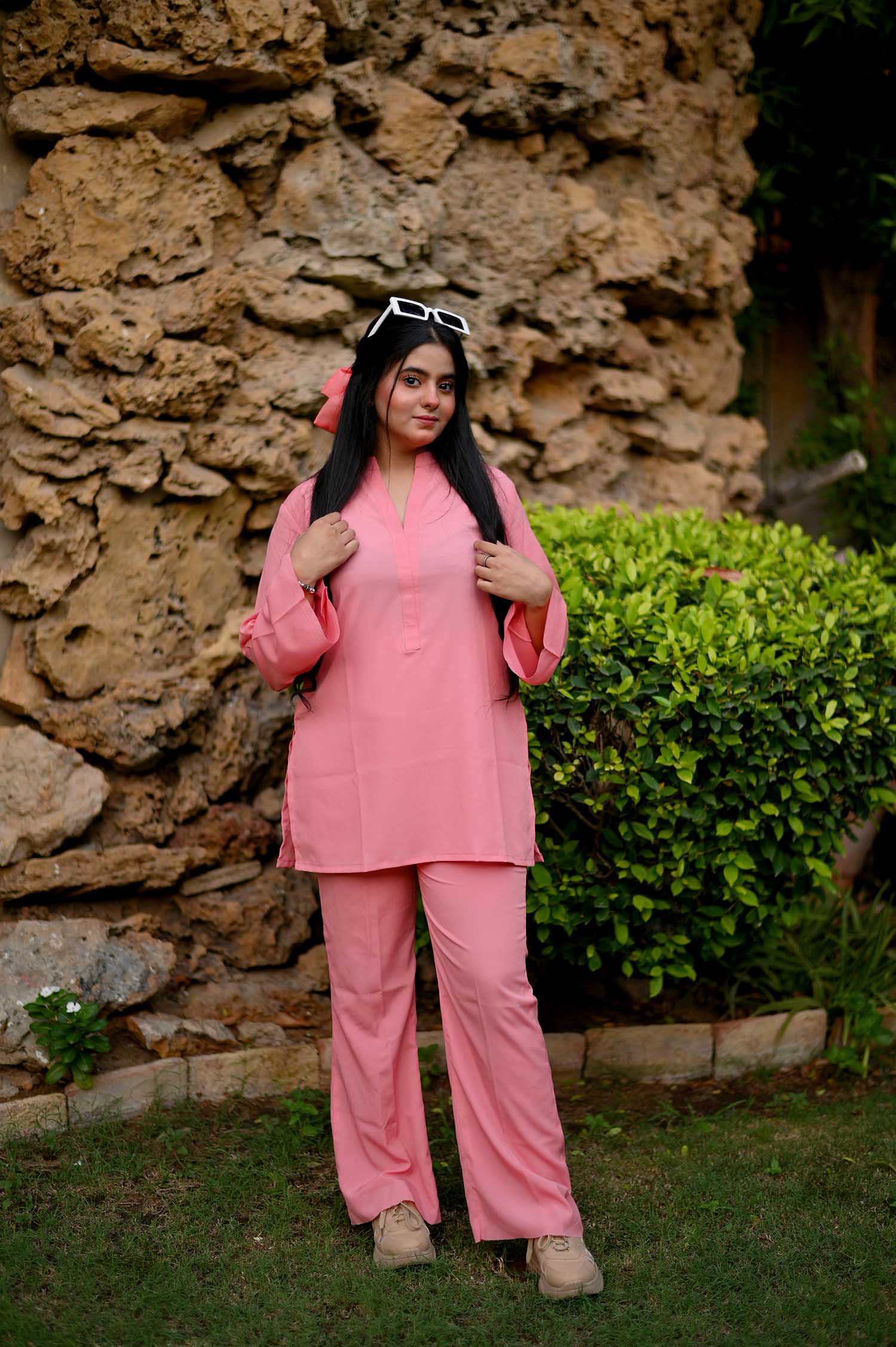 raj dullari Pink bright moon collar shirt with boot cut pants