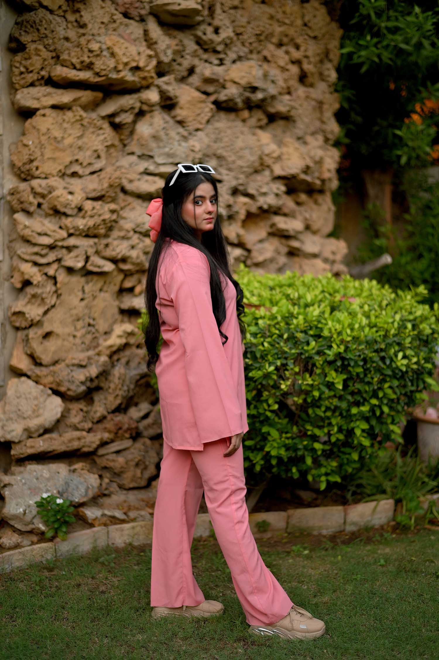 raj dullari Pink bright moon collar shirt with boot cut pants