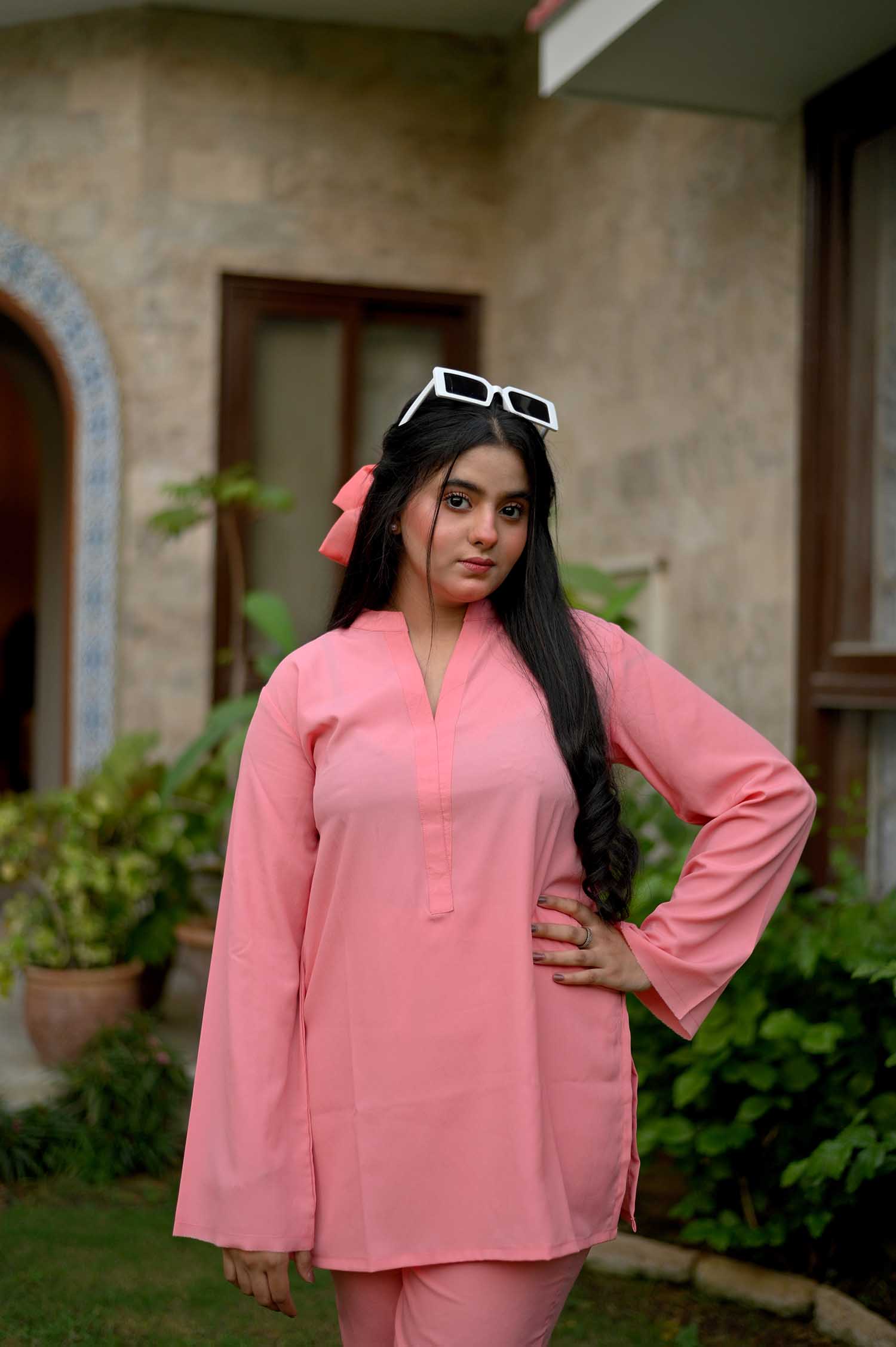 raj dullari Pink bright moon collar shirt with boot cut pants