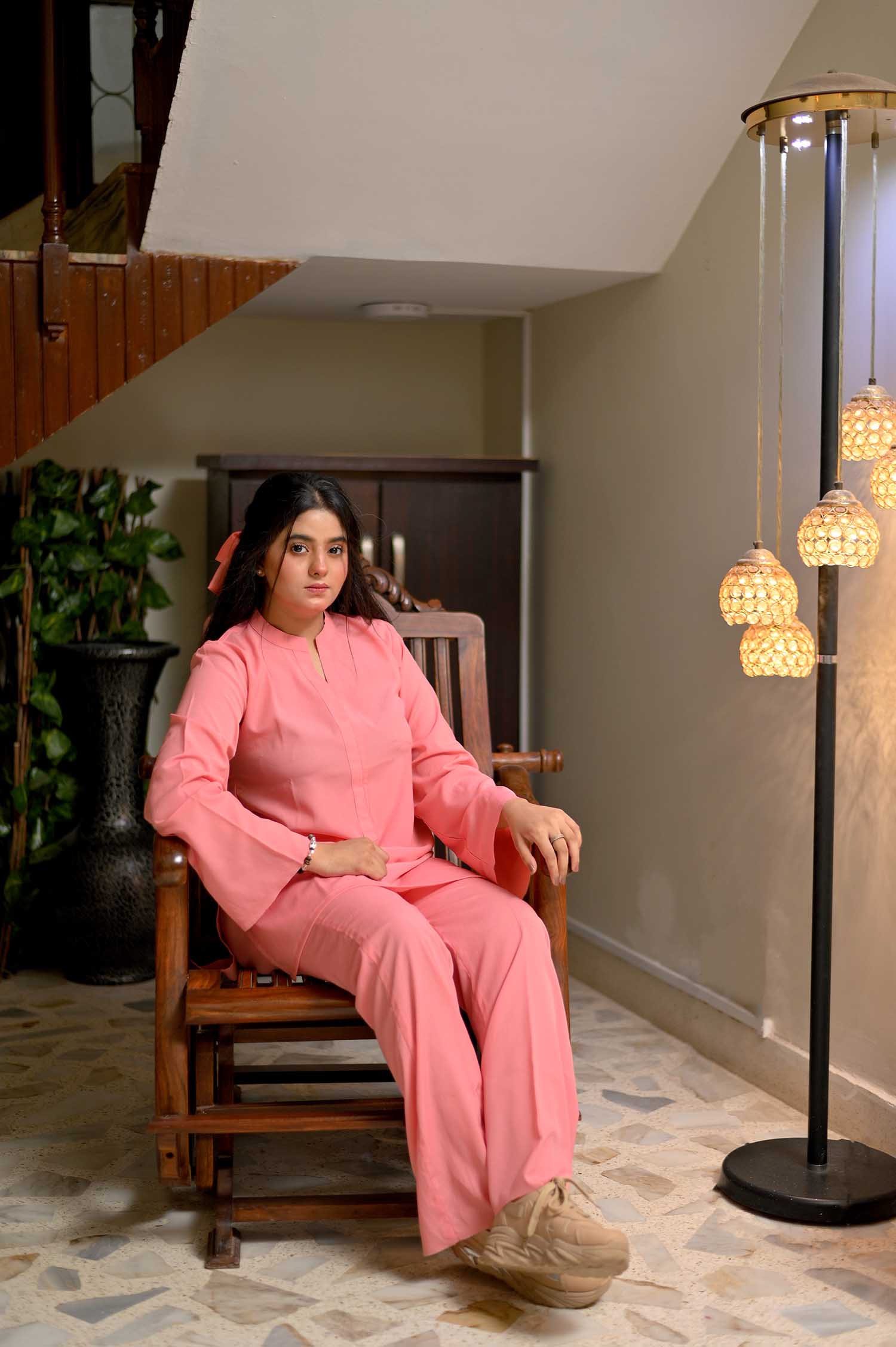 raj dullari Pink bright moon collar shirt with boot cut pants