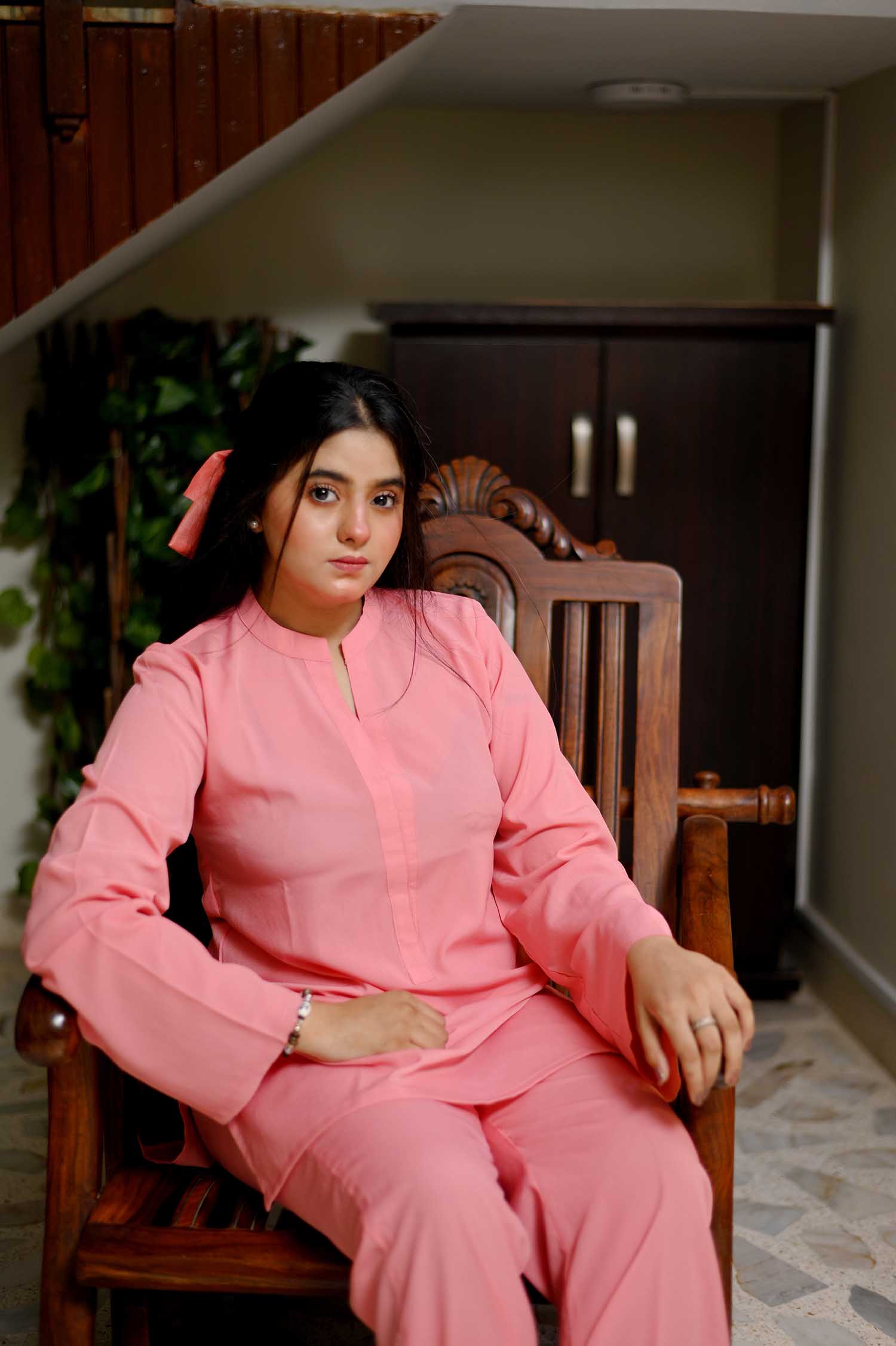 raj dullari Pink bright moon collar shirt with boot cut pants