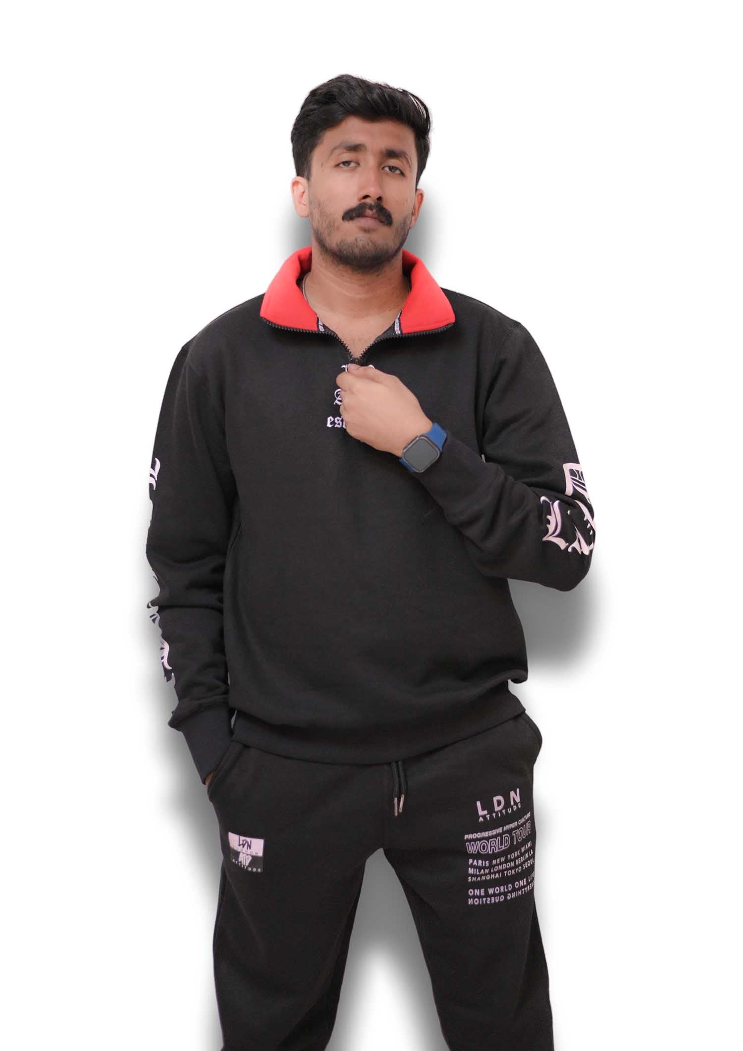 Fashion Zip Thru High Neck Sweat - Black