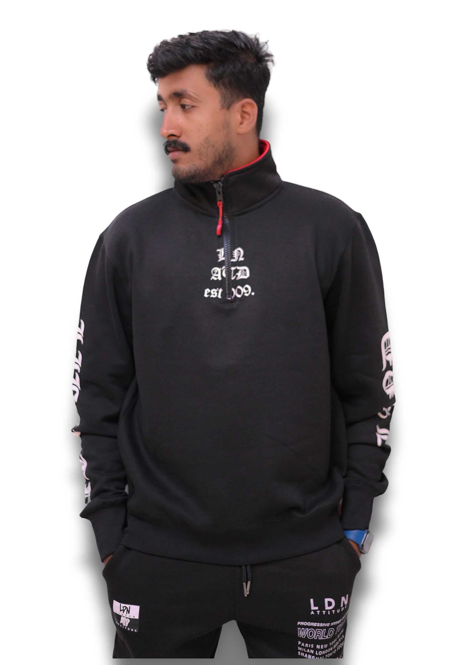 Fashion Zip Thru High Neck Sweat - Black