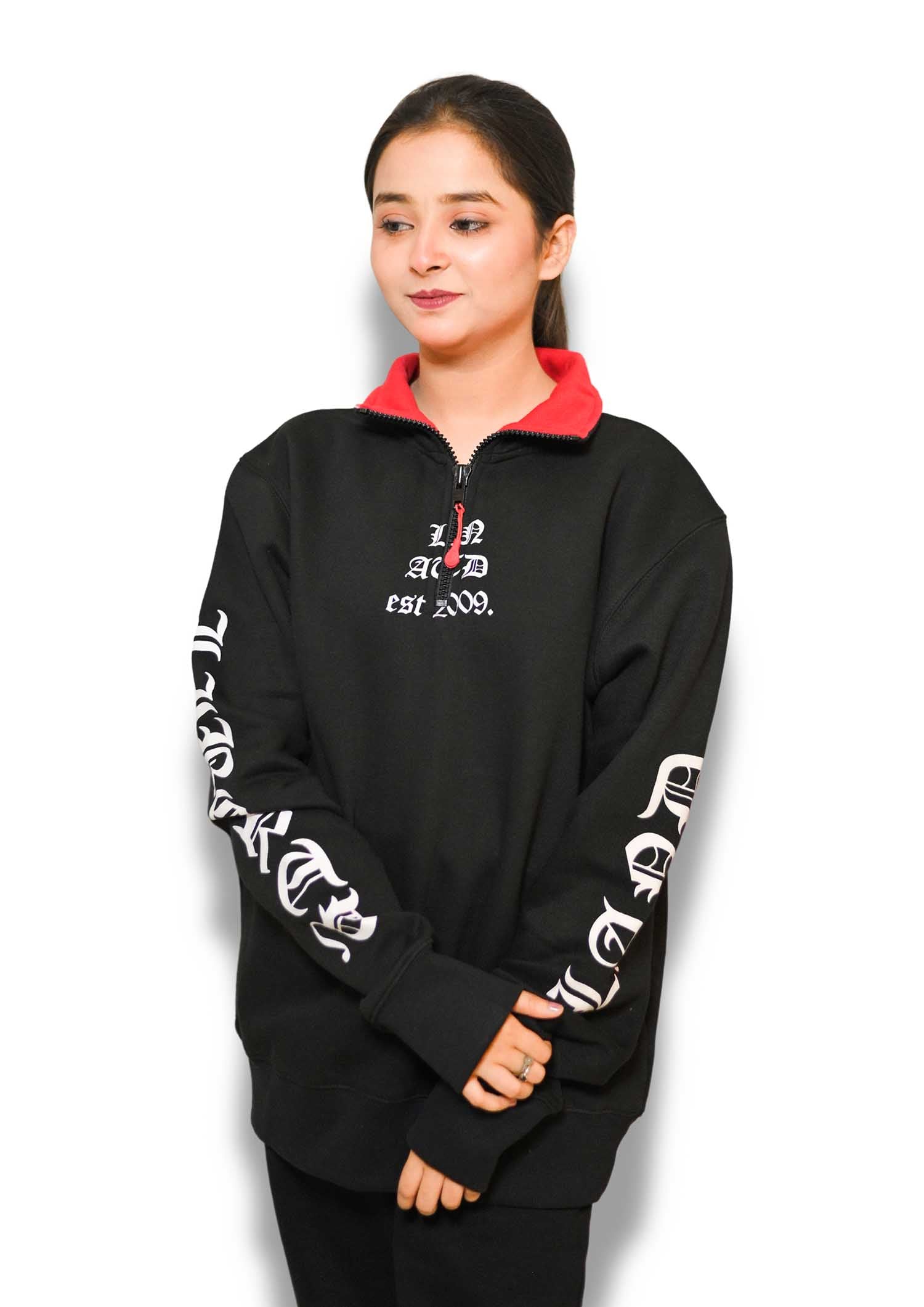 Fashion Zip Thru High Neck Sweat - Black