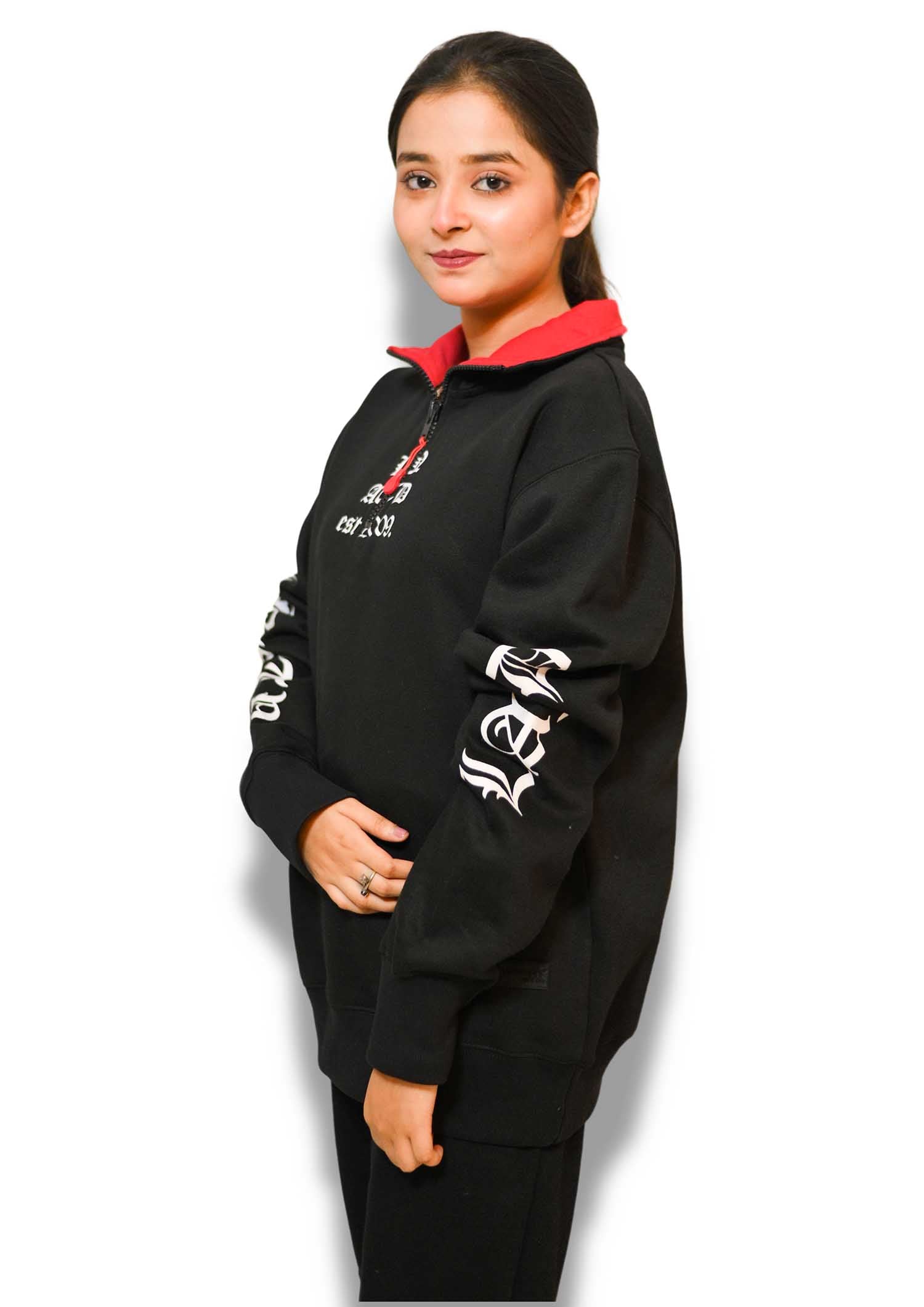 Fashion Zip Thru High Neck Sweat - Black